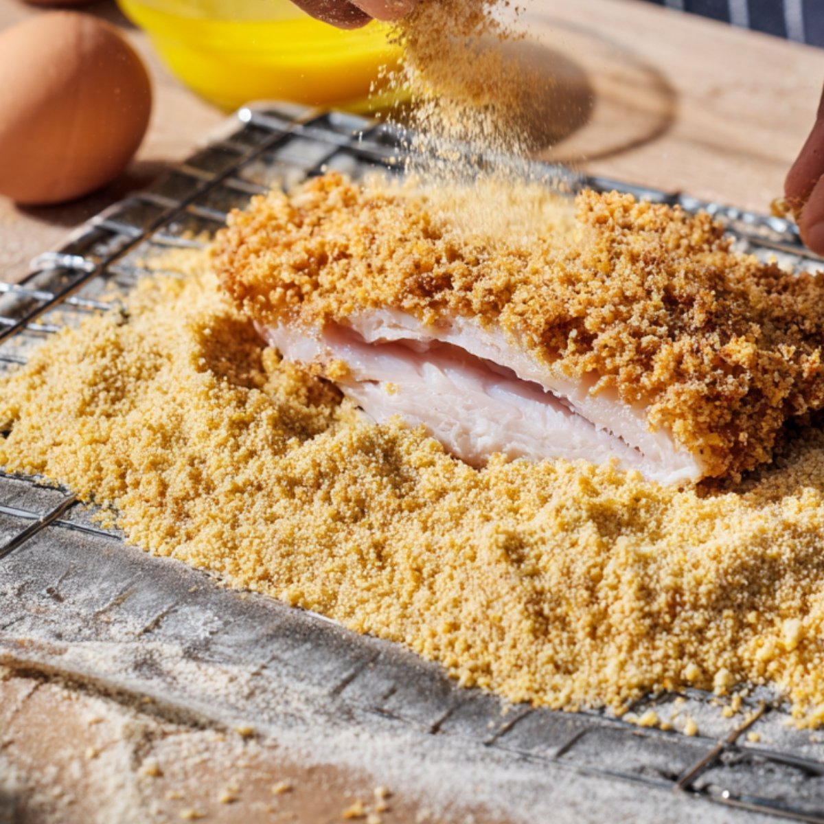 Uncooked chicken cordon bleu being coated in breadcrumbs on a wire rack, with egg wash in the background.