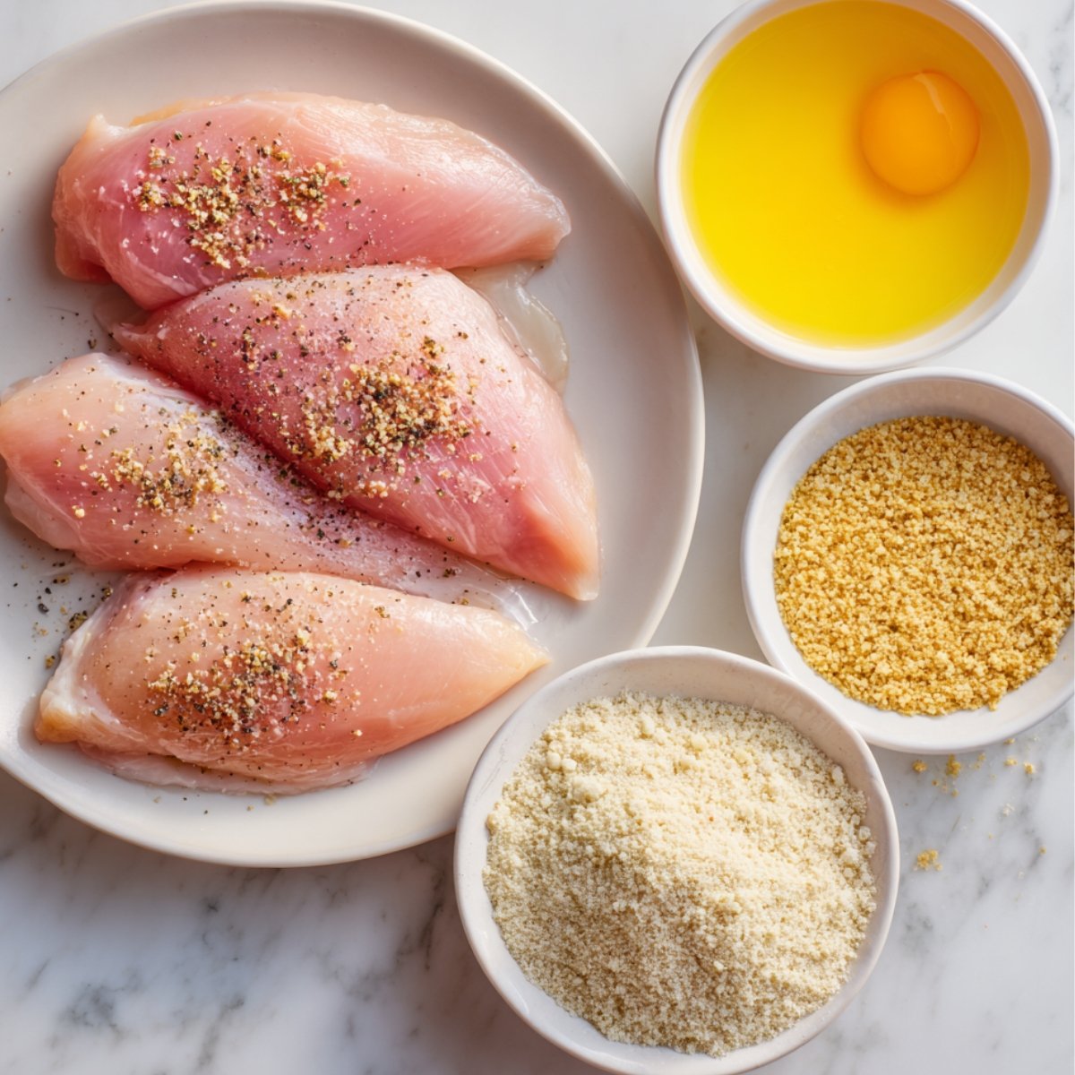 Raw chicken breasts seasoned with salt and pepper, alongside bowls of egg wash, flour, and breadcrumbs for breading.