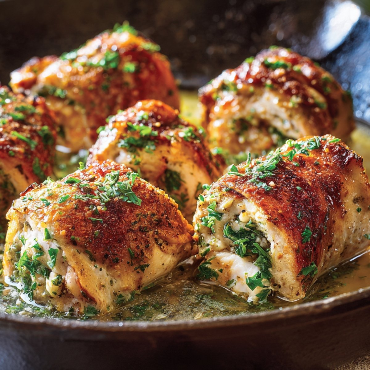 Close-up of baked chicken rollatini, cut open to reveal spinach and cheese filling, topped with fresh herbs.