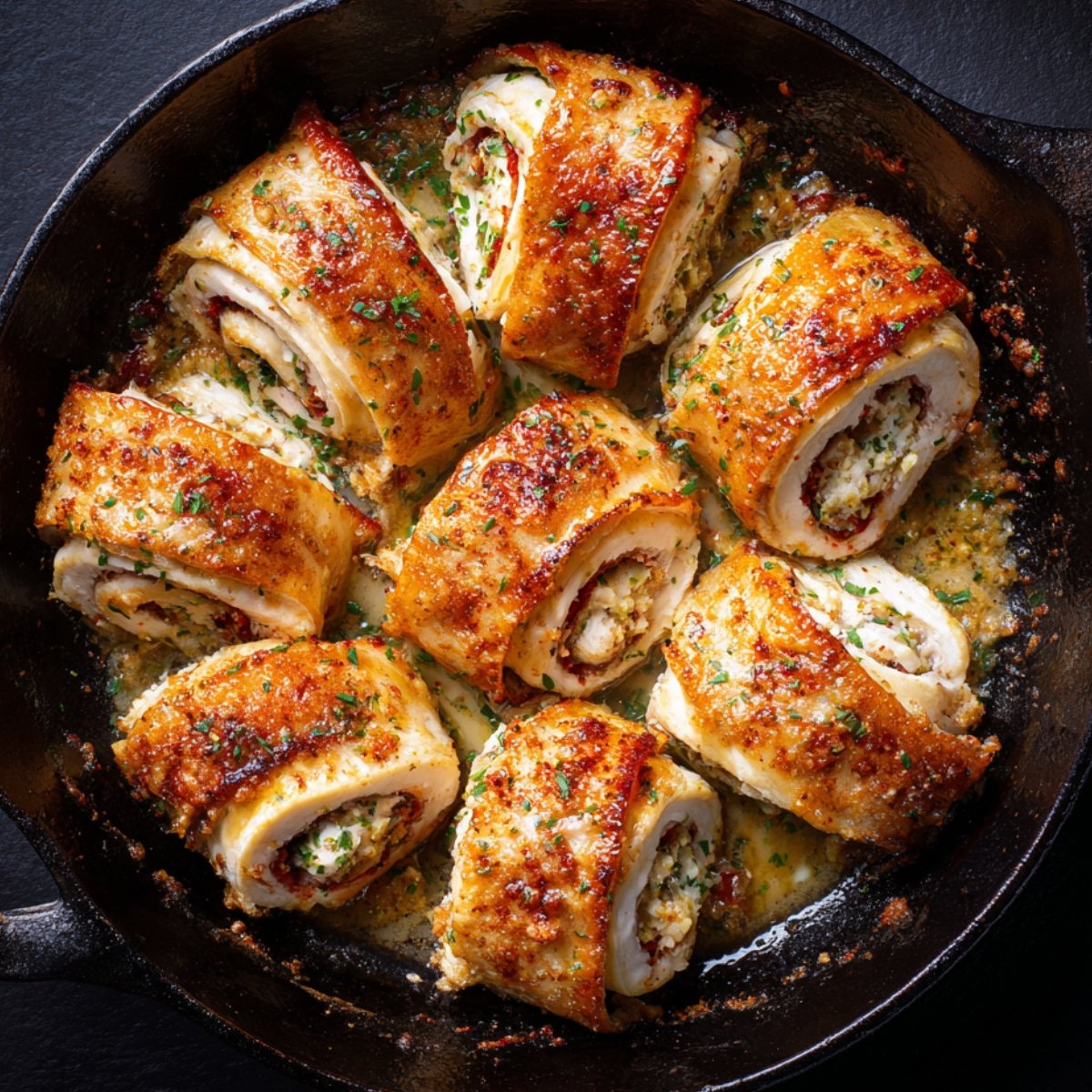 Golden-brown chicken rollatini in a cast-iron skillet, stuffed with cheese and herbs, garnished with parsley.