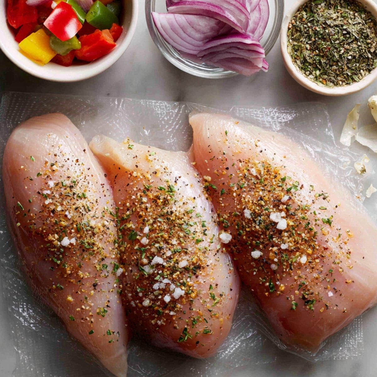 Seasoned raw chicken breasts with salt, pepper, and Italian herbs, surrounded by fresh vegetables and onions.