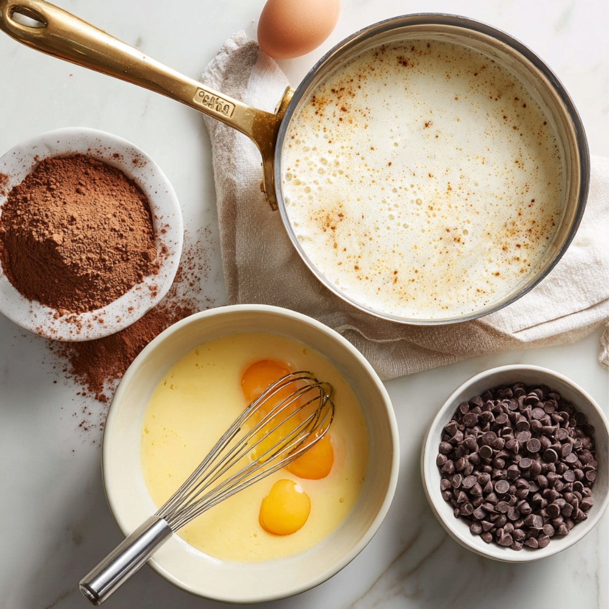 Overhead view of ingredients for chocolate custard: whisked egg yolks, milk mixture, cocoa powder, and chocolate chips ready to combine.