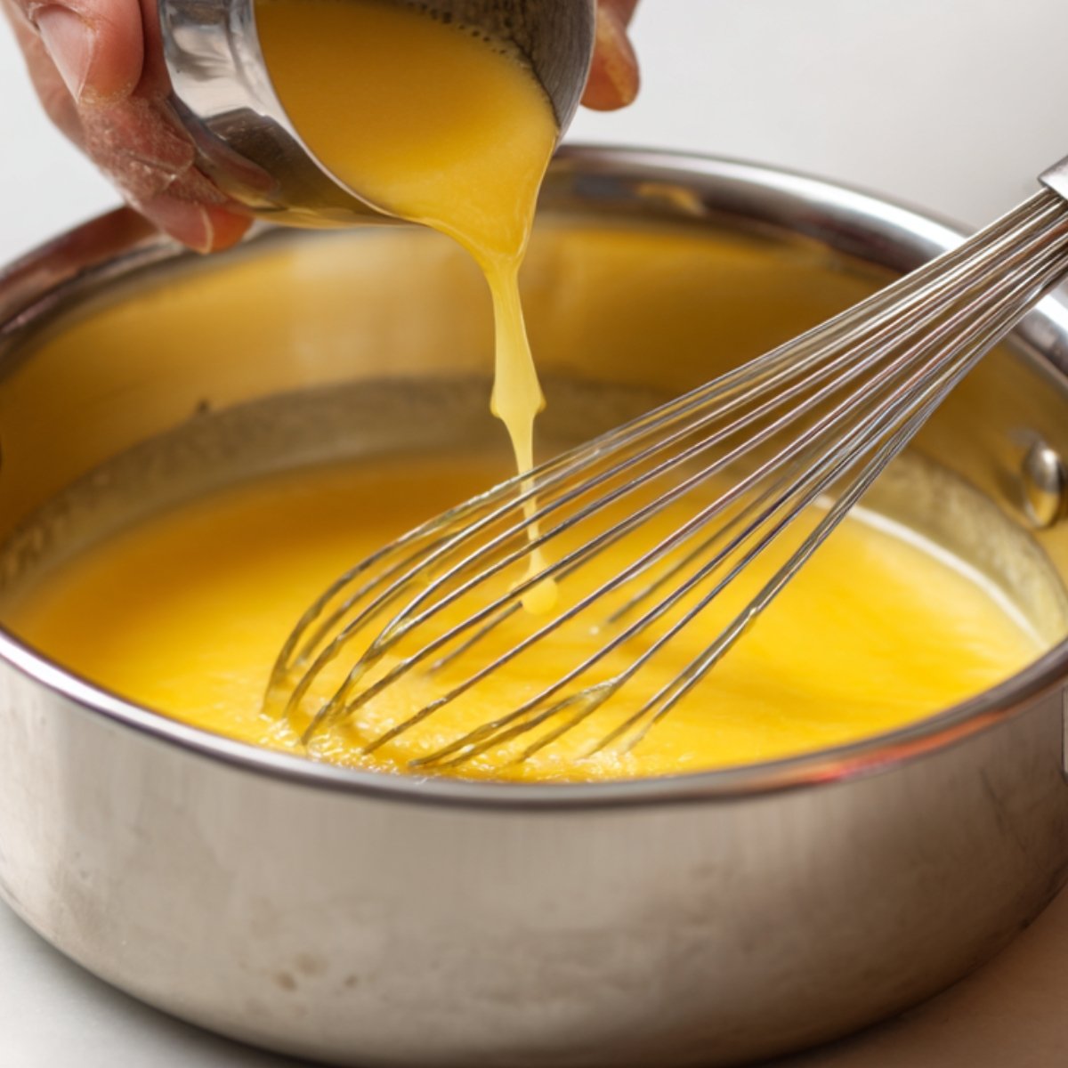 Hot liquid being slowly poured into beaten egg yolks in a saucepan while whisking to temper the mixture.
