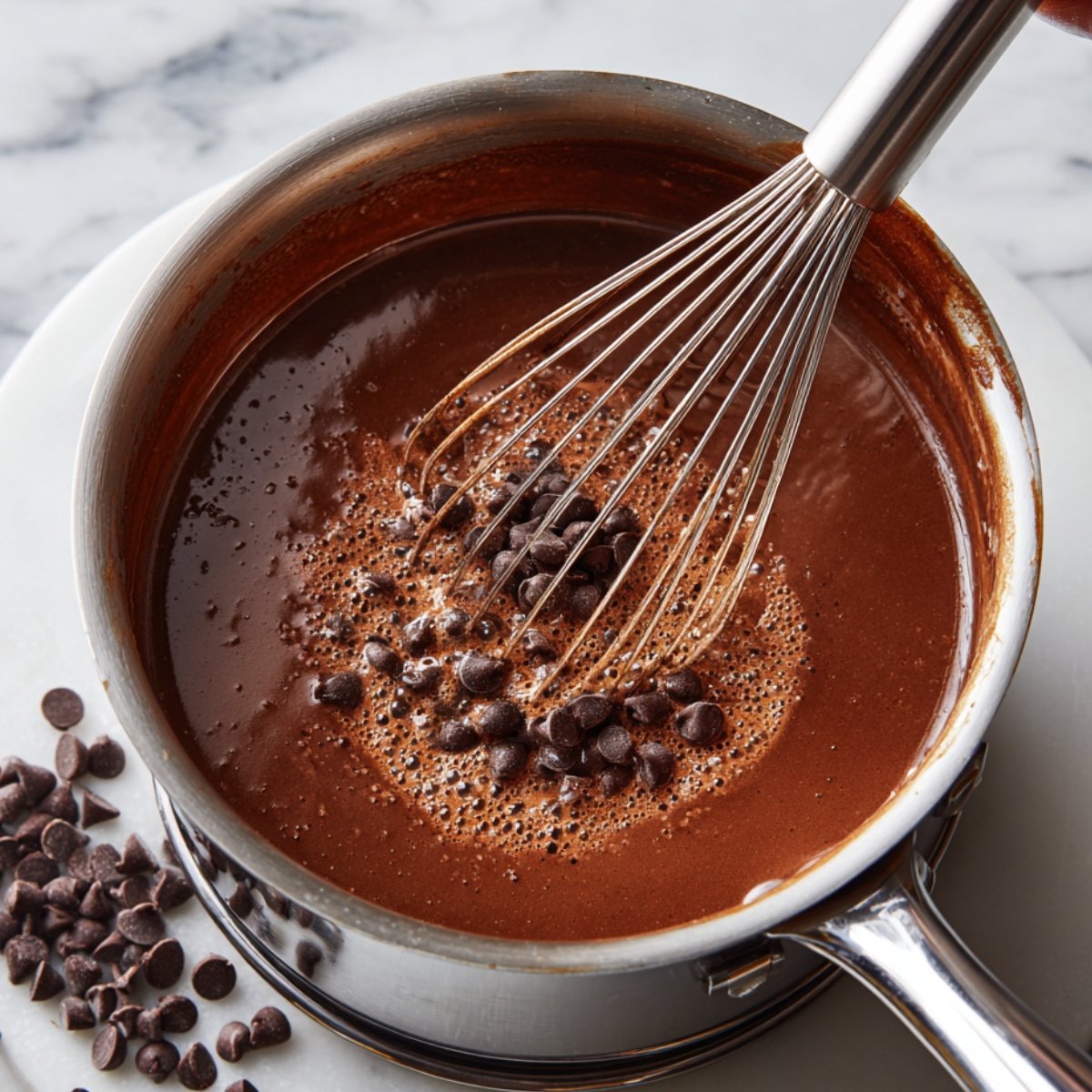 A saucepan of warm chocolate custard with chocolate chips melting in as a whisk stirs the mixture.
