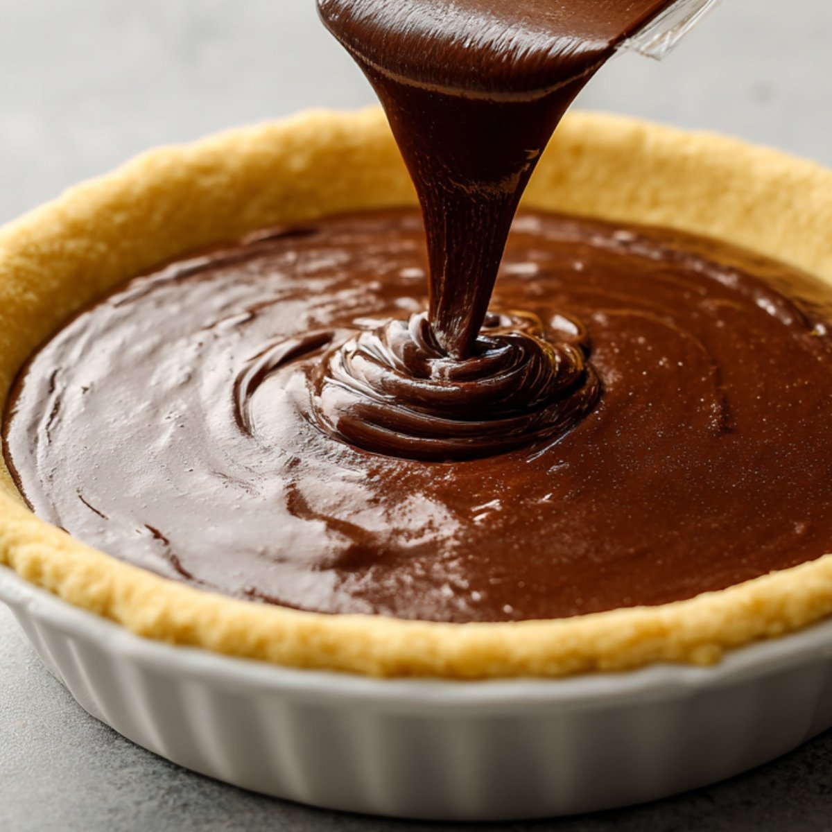 Smooth, glossy chocolate custard filling being poured into a baked golden pie crust.