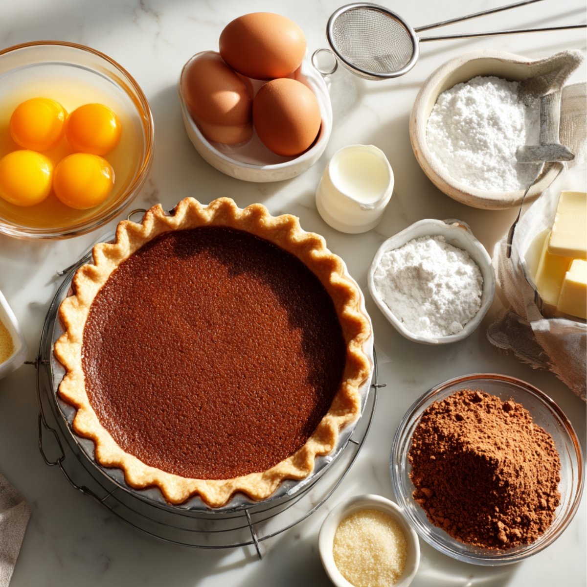 Baked chocolate pie shell surrounded by ingredients including eggs, cocoa, sugar, butter, and cream.