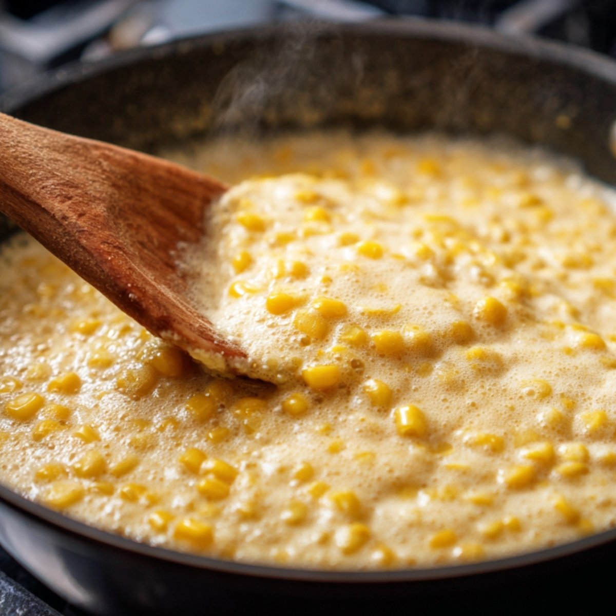 Corn kernels bubbling in a skillet with cream, being stirred with a wooden spoon.