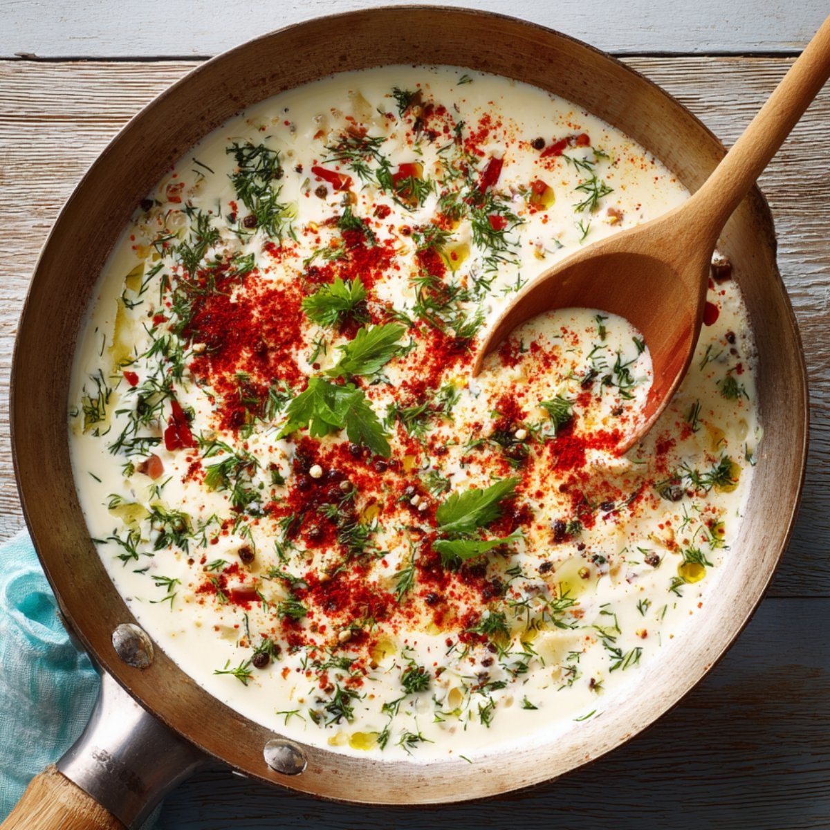 A skillet of creamy corn sauce topped with paprika, fresh herbs, and drizzles of oil, with a wooden spoon resting in the pan.