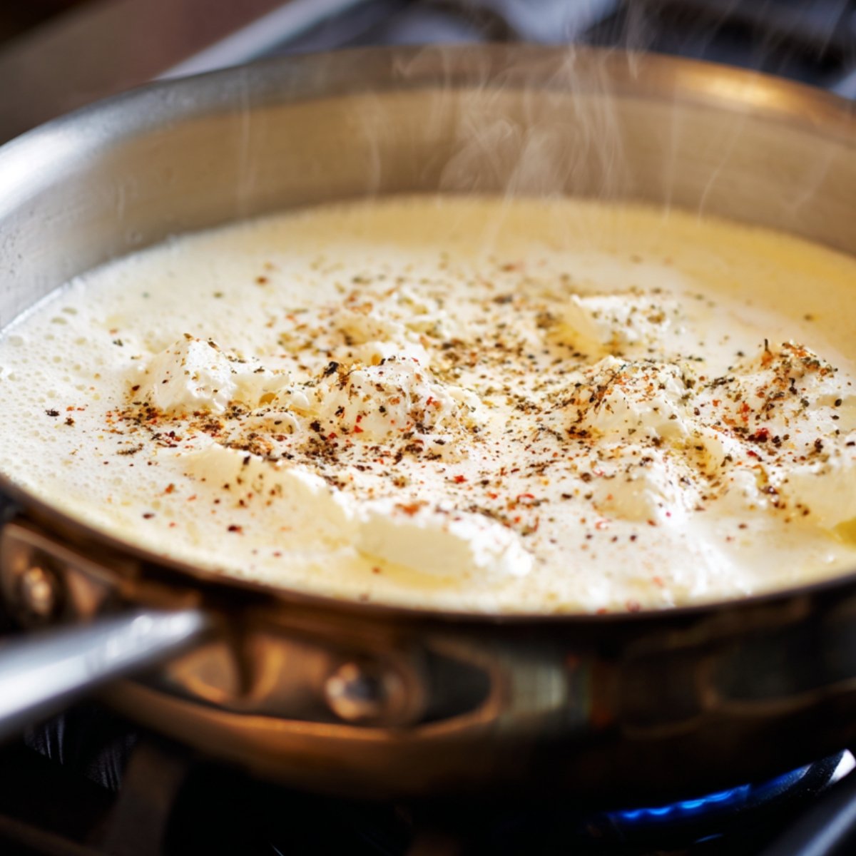 A saucepan of hot cream with melting cream cheese chunks, seasoned with black pepper and herbs.