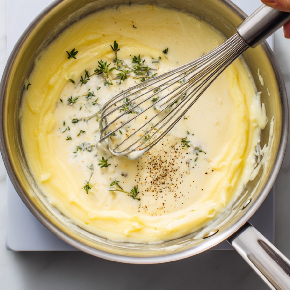 "Cheese sauce being whisked in a saucepan, garnished with black pepper and fresh thyme sprigs."
