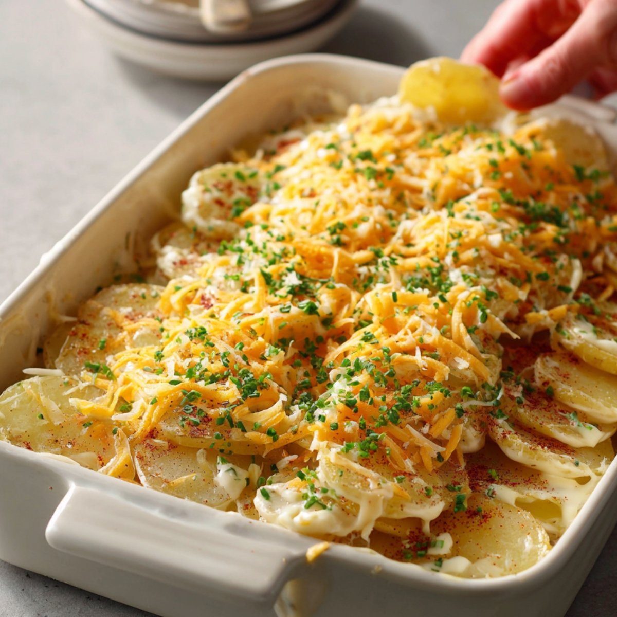 "Unbaked au gratin potato casserole in a white ceramic dish with layers of sliced potatoes, shredded cheese, chopped chives, and seasoning."