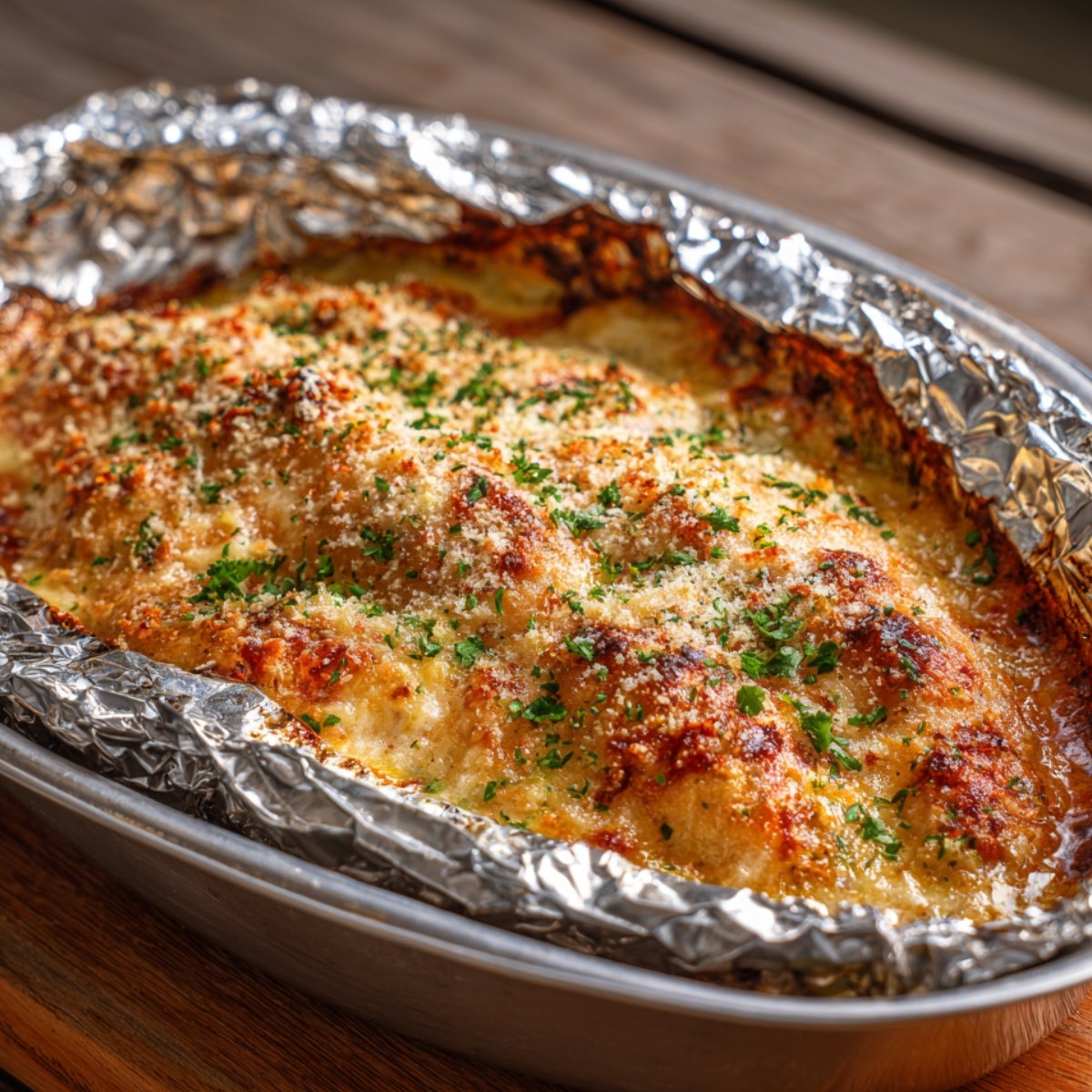 "Golden brown baked creamy au gratin potatoes in a foil-lined dish, topped with melted cheese, herbs, and breadcrumbs."