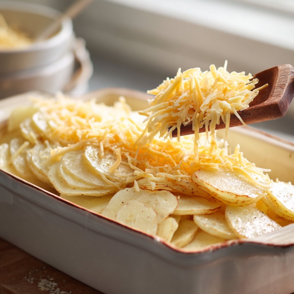 "Thinly sliced raw potatoes in a casserole dish being topped with shredded cheese using a wooden spoon."