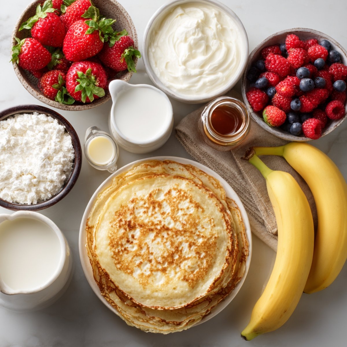 "Crepes served with bowls of fresh strawberries, bananas, raspberries, blueberries, yogurt, honey, and cream for sweet toppings."