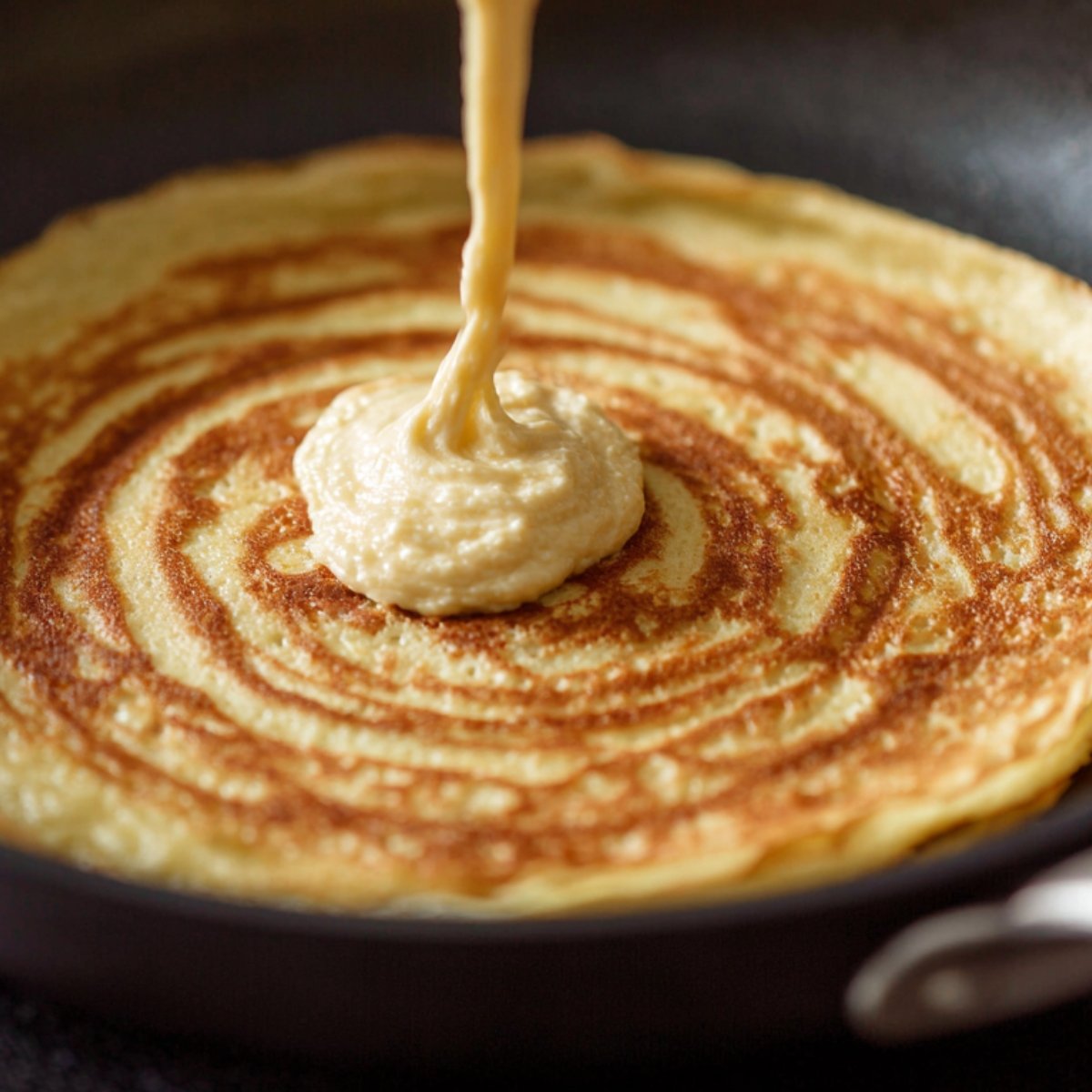 "Golden crepe cooking in a skillet with fresh batter being poured into the center, creating swirls as it spreads."