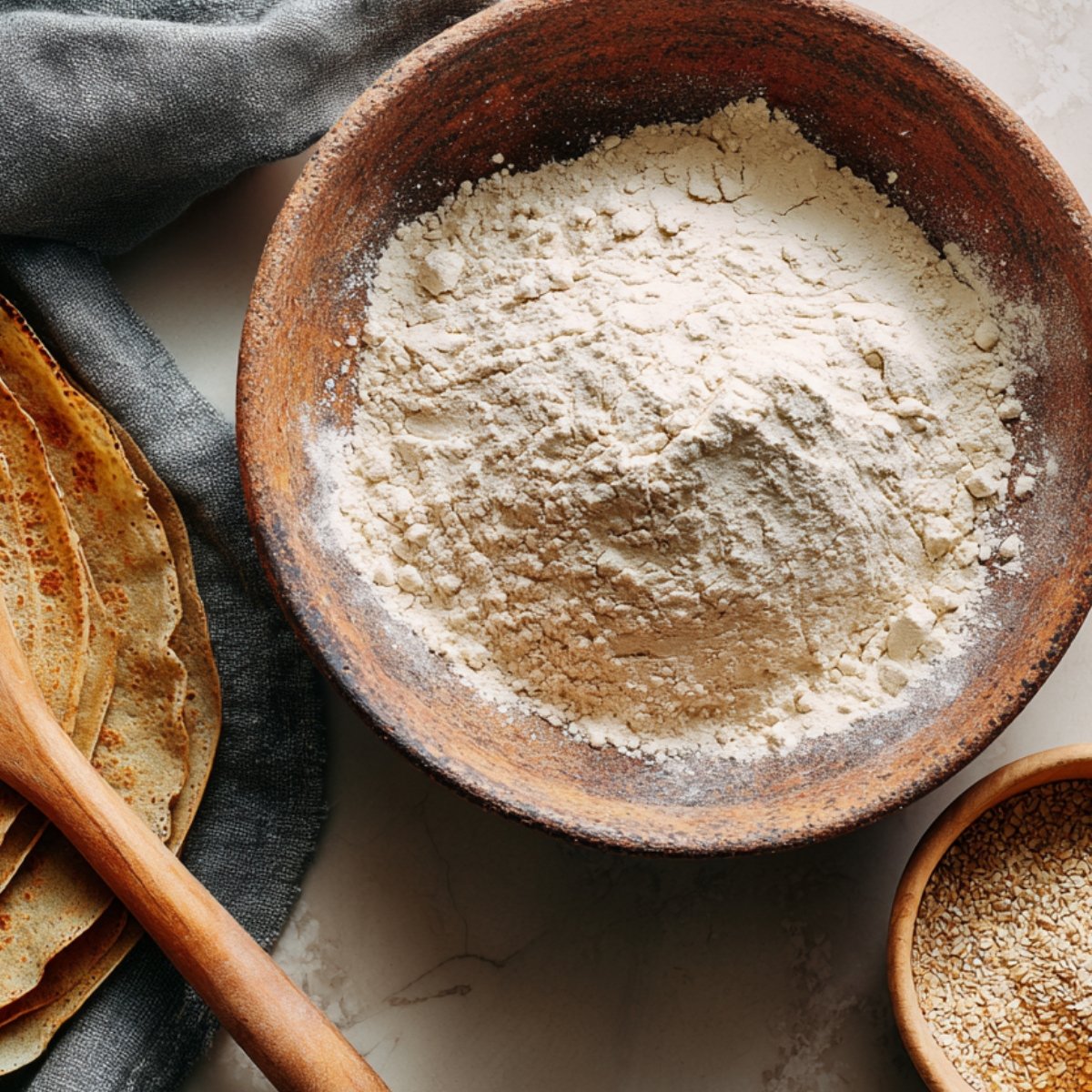 "Rustic bowl of flour with thin crepes stacked beside it on a cloth, ready for cooking."