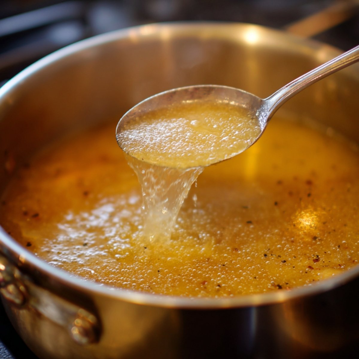 A ladle lifting clear golden chicken broth from a simmering pot.