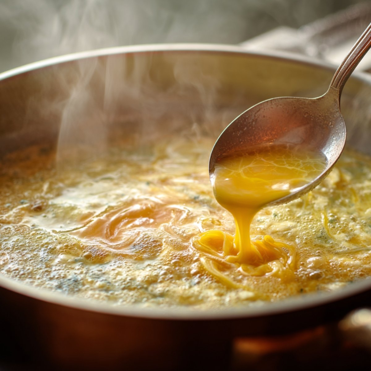 A spoon drizzling beaten egg into a steaming pot of simmering broth, creating silky egg ribbons.