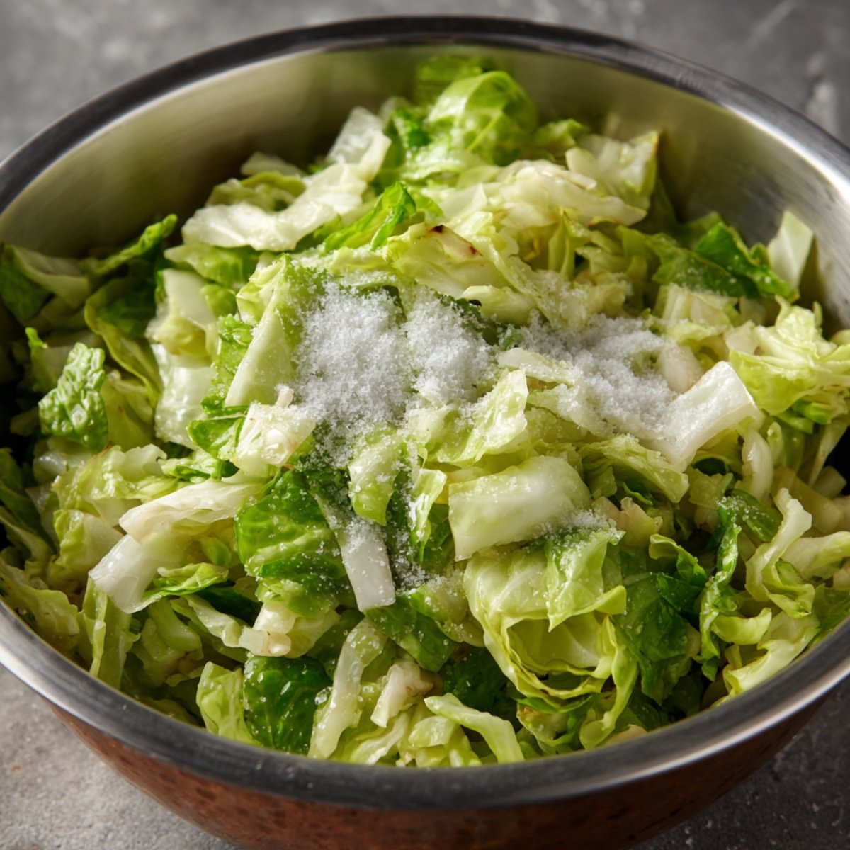 A stainless steel bowl containing chopped lettuce mixed with coarse salt, likely in preparation for making a fresh salad or kimchi. The salt is sprinkled on top of the greens, which have begun to wilt slightly.