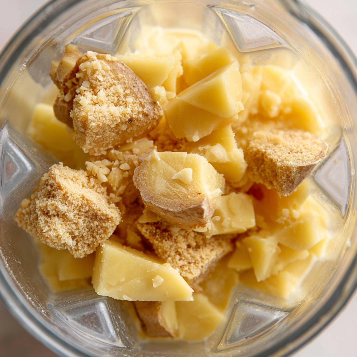 “Close-up of chopped fresh ginger chunks inside a blender, ready to be processed for a recipe.”