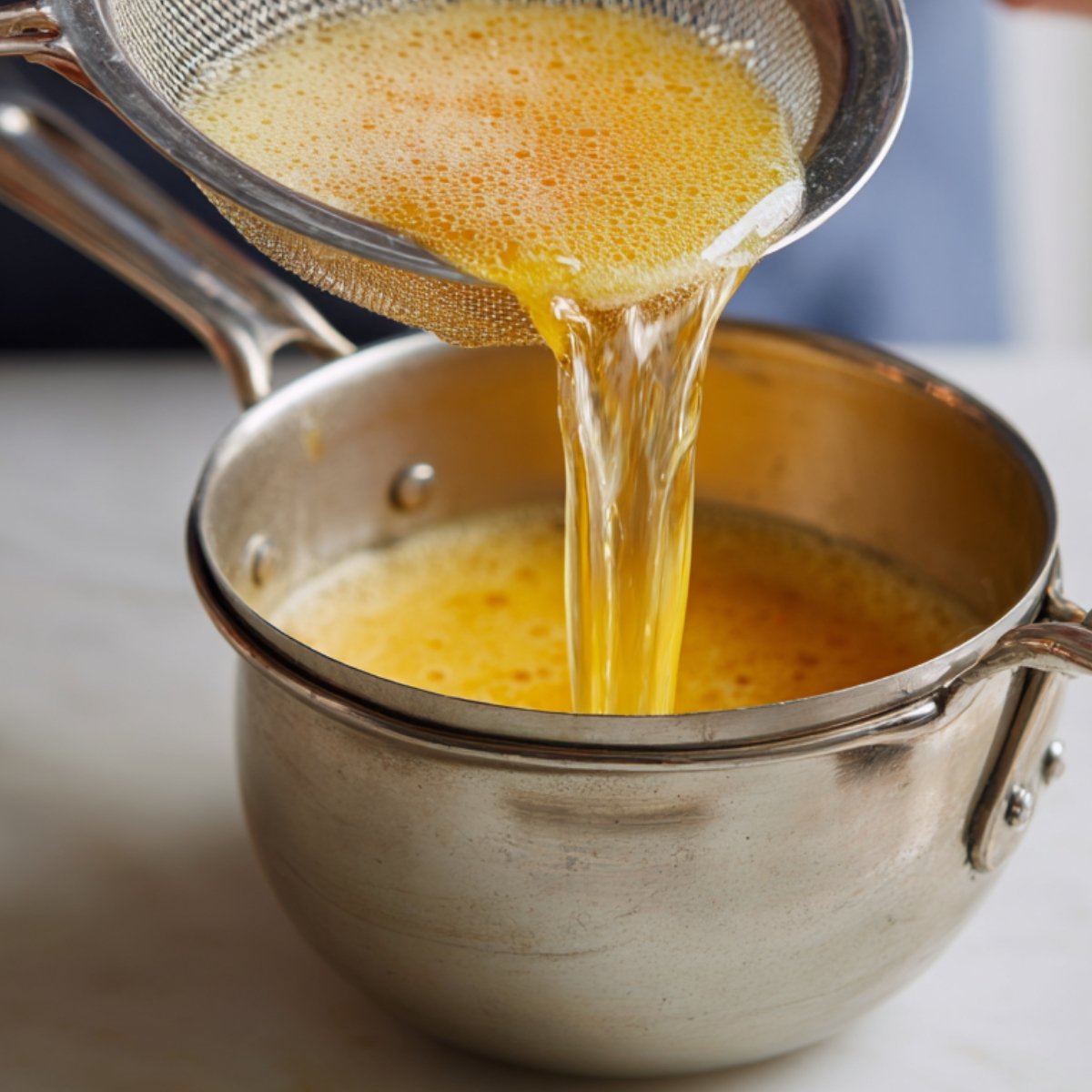 “Golden-yellow liquid being strained and poured into a stainless steel pot, likely a freshly made broth or juice.”