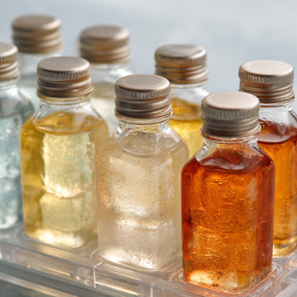 “Small glass bottles filled with different colored liquids, tightly sealed with metal caps, arranged neatly on a transparent tray.”