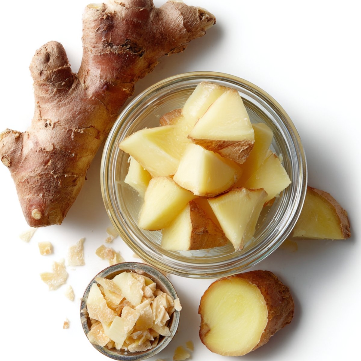 “Fresh ginger root, sliced ginger, and dried ginger flakes displayed on a white background with a glass bowl.”