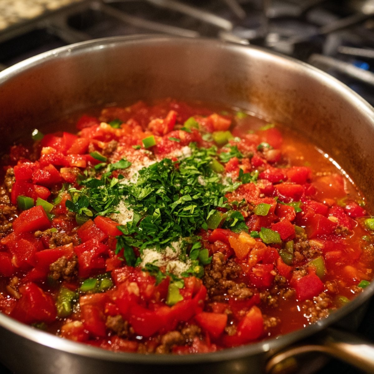 A saucepan filled with browned ground beef, tomatoes, diced peppers, and herbs, topped with fresh parsley and Parmesan.