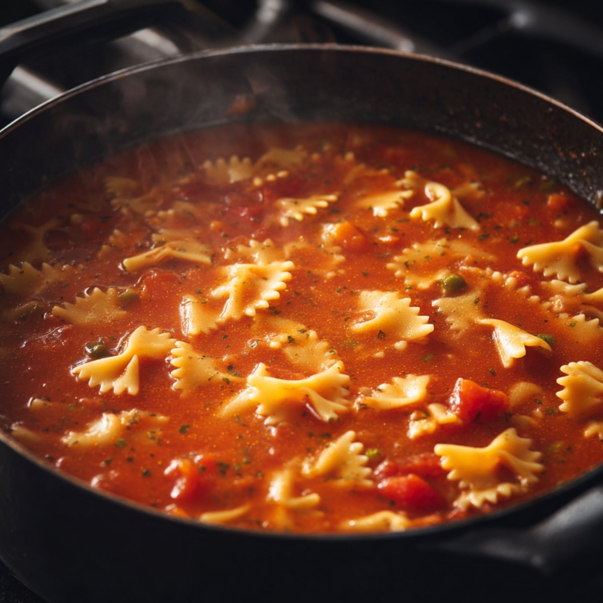 A pot of lasagna soup simmering on the stove, with farfalle (bowtie) pasta floating in the tomato broth.