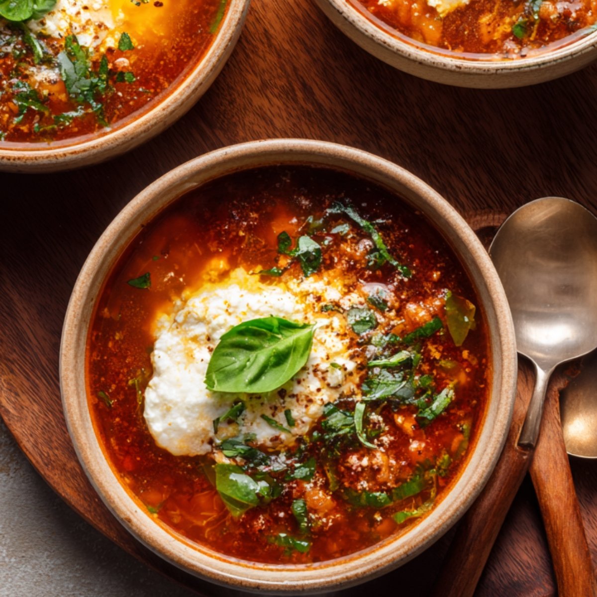 A bowl of lasagna soup topped with a dollop of ricotta cheese mixture, fresh basil, and parsley, served in a rustic bowl on a wooden tray with a spoon beside it.
