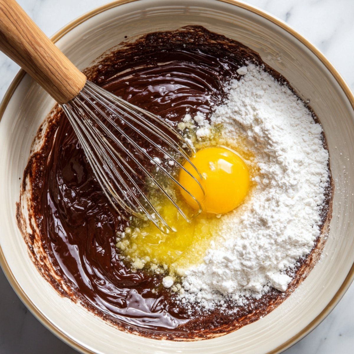 "Chocolate lava cake batter being mixed in a bowl with a raw egg, flour, and melted chocolate using a whisk."