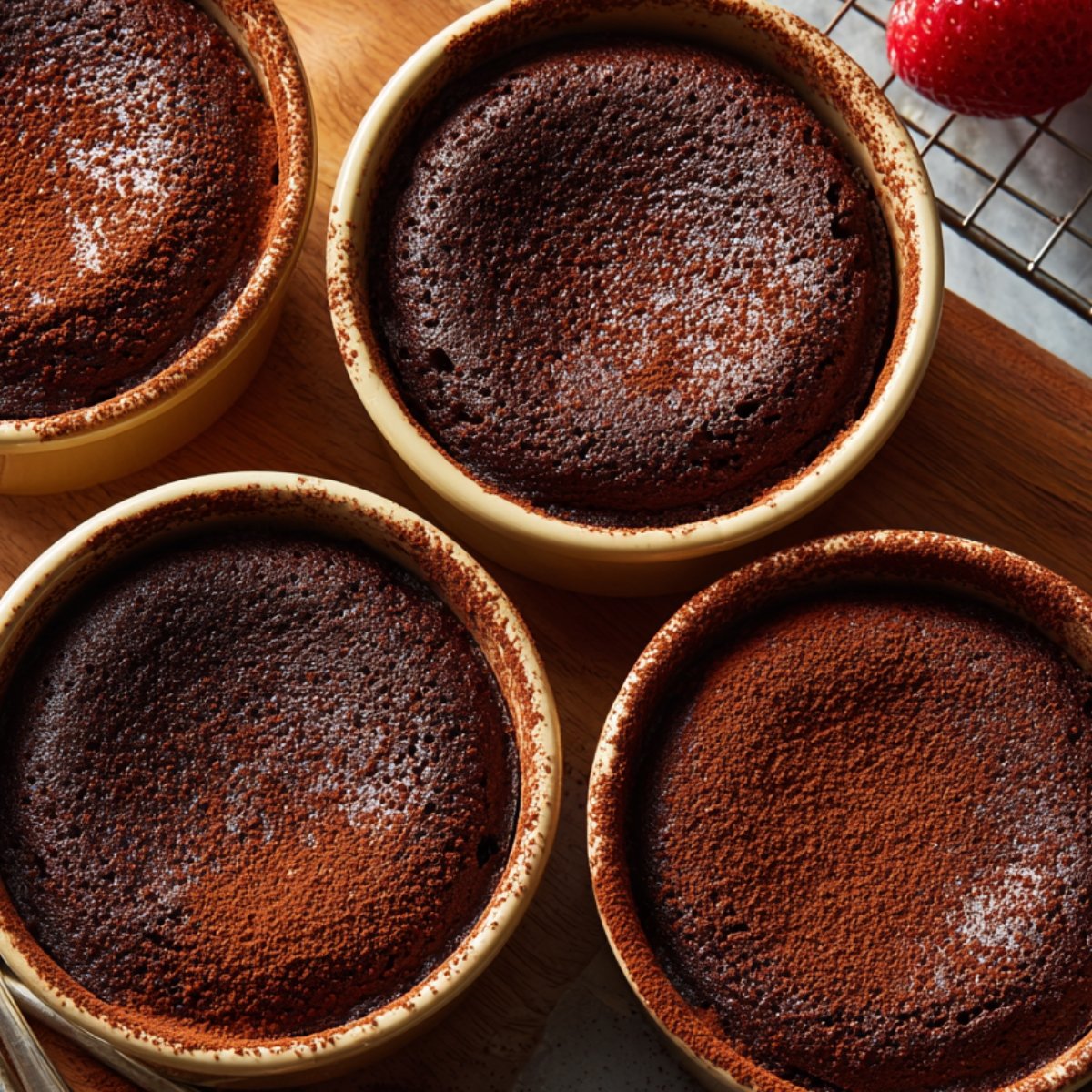 "Freshly baked chocolate lava cakes in ramekins with a cracked surface, cooling on a wooden surface."