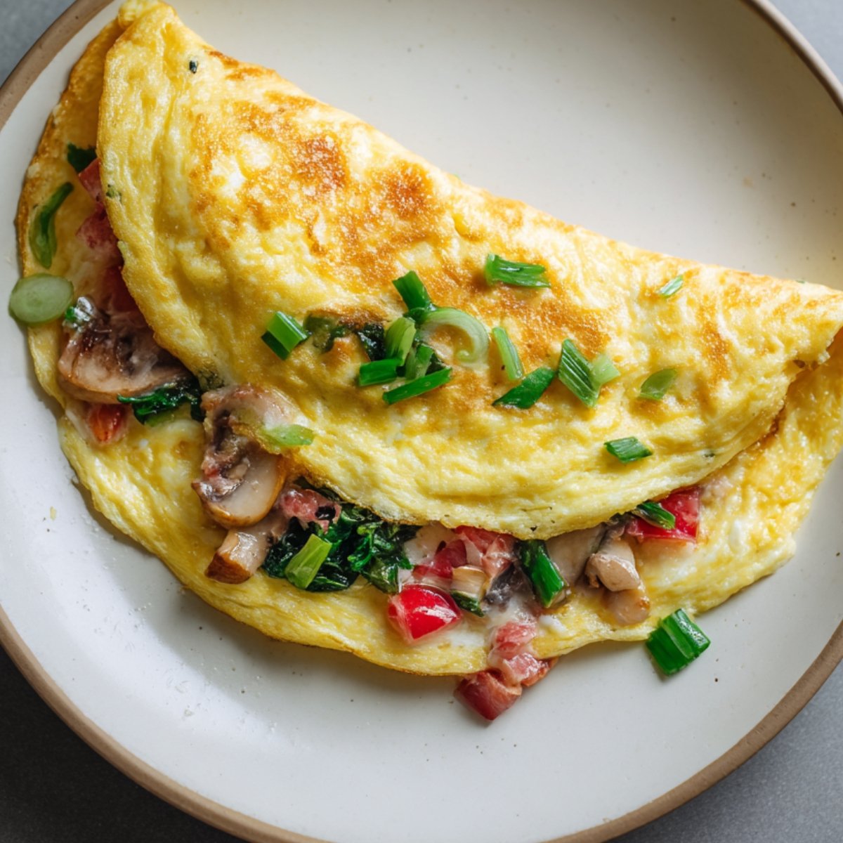 Fluffy golden omelette folded over fresh vegetables and topped with chopped green onions.