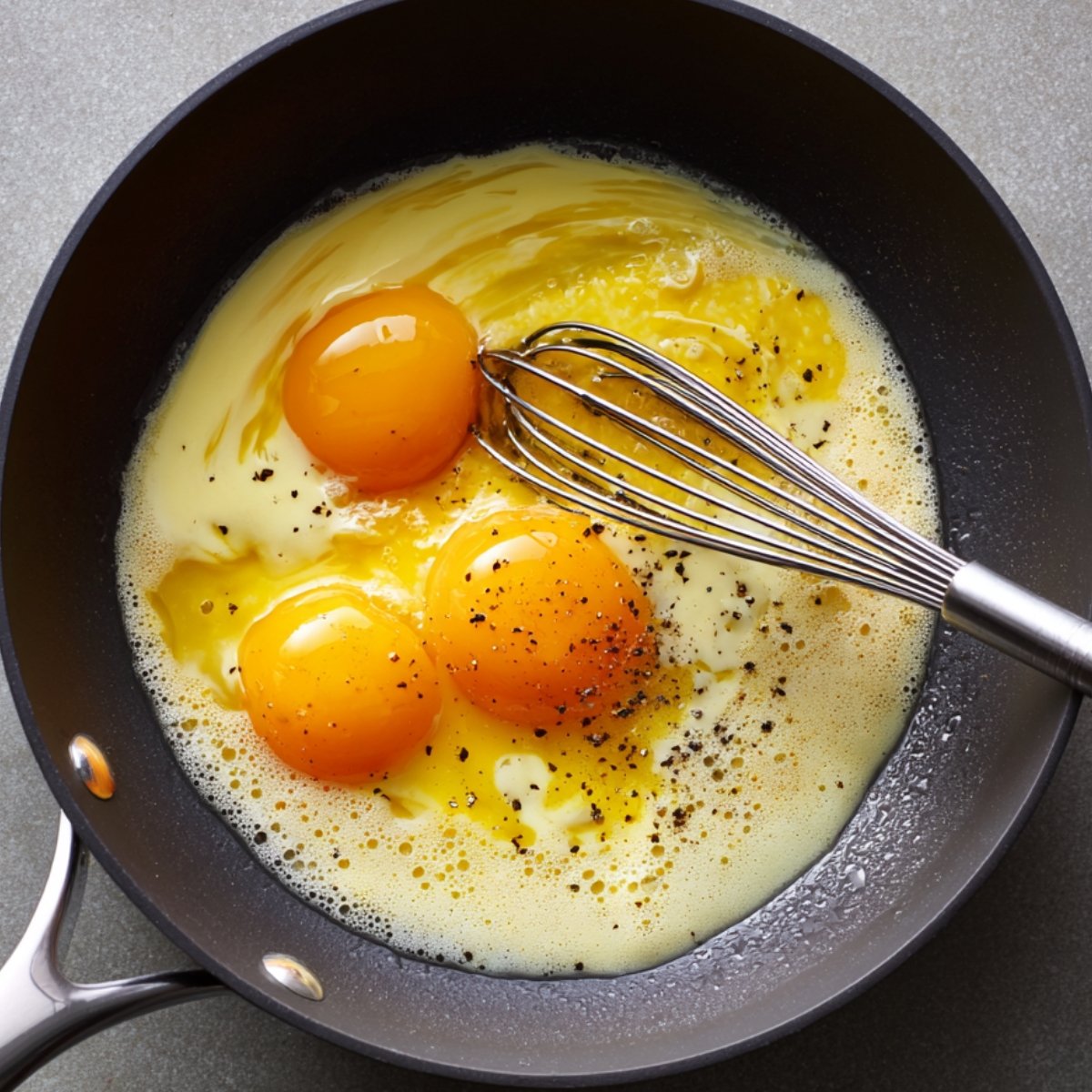 Eggs with salt and pepper being whisked in a non-stick pan.