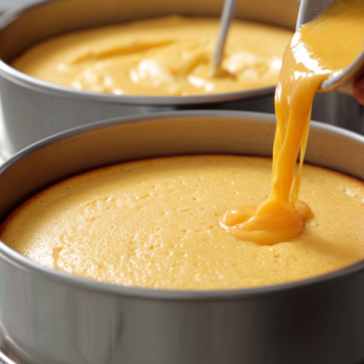 Cake batter being poured into greased baking pans, ready for baking.