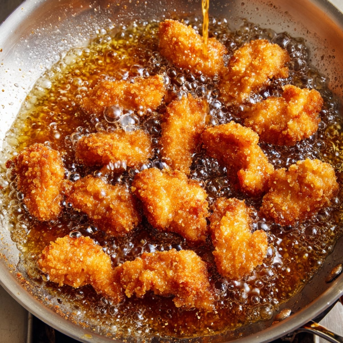 Golden brown chicken pieces being deep-fried in hot oil in a frying pan.