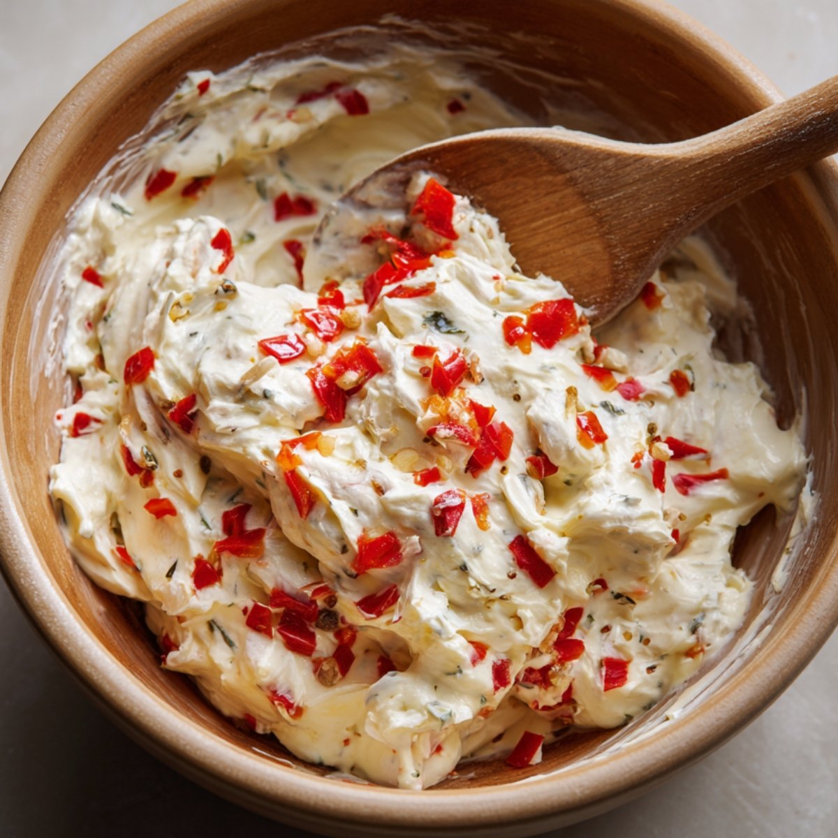 A wooden bowl of cream cheese mixed with diced red pimentos and herbs, stirred with a wooden spoon.