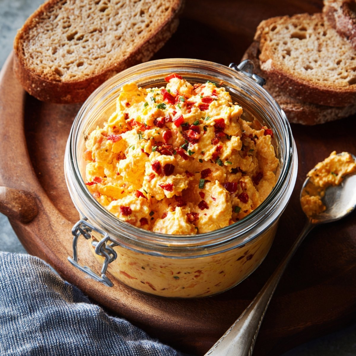 A glass jar filled with creamy pimento cheese spread topped with chopped pimentos and herbs, placed on a wooden tray with slices of bread and a spoon on the side.