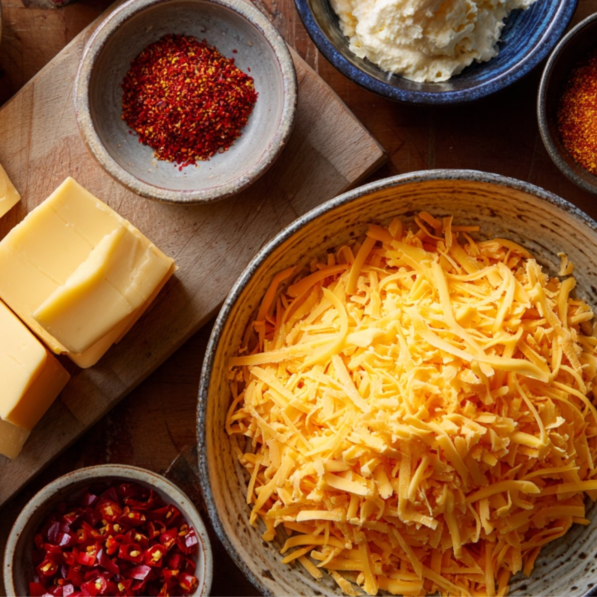 "A rustic wooden table with bowls and plates of pimento cheese ingredients, including a large bowl of shredded cheddar cheese, cubes of block cheddar, chopped red pimentos, creamy cheese spread, and small bowls of red spices."