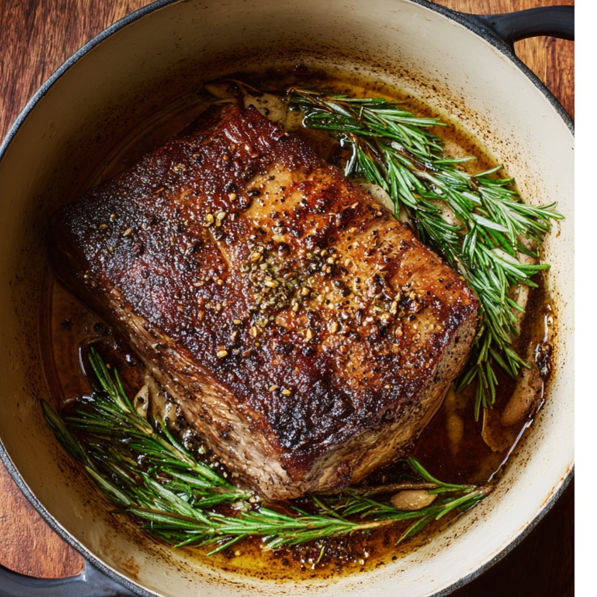 "Golden-browned chuck roast seared in Dutch oven with fresh rosemary sprigs and pan drippings."