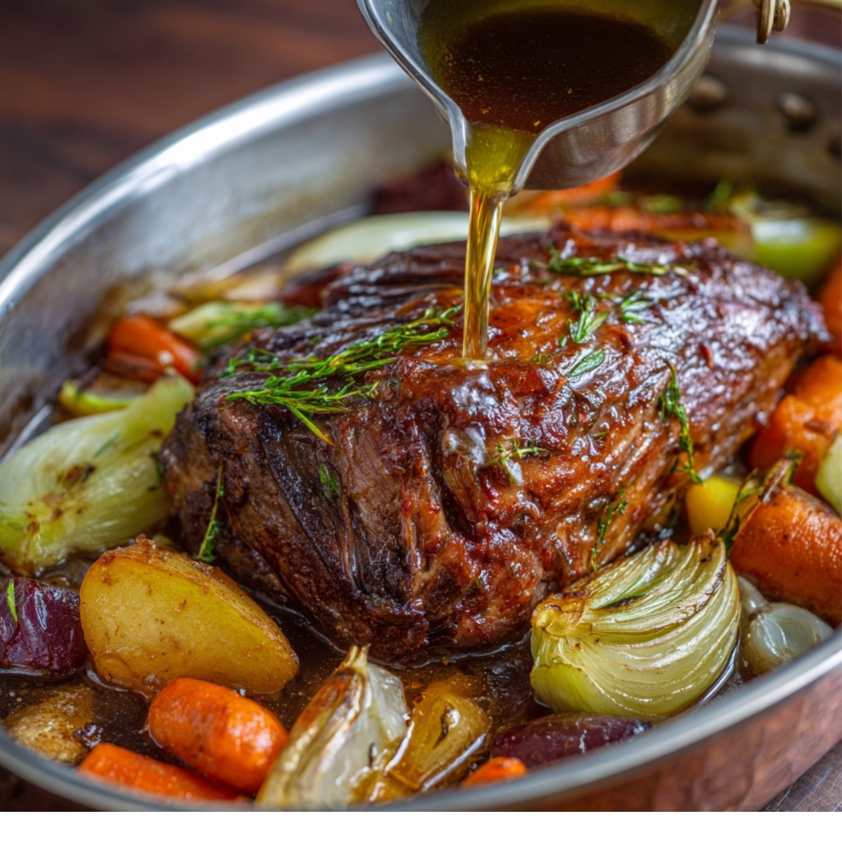 "Juicy pot roast with carrots, onions, and potatoes in a roasting pan while hot gravy is poured over the beef."