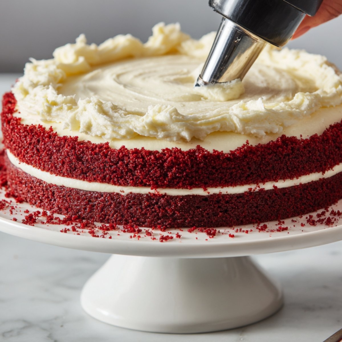 Close-up of a red velvet cake being frosted with cream cheese frosting using a piping bag, showing smooth layers of cake and creamy topping.