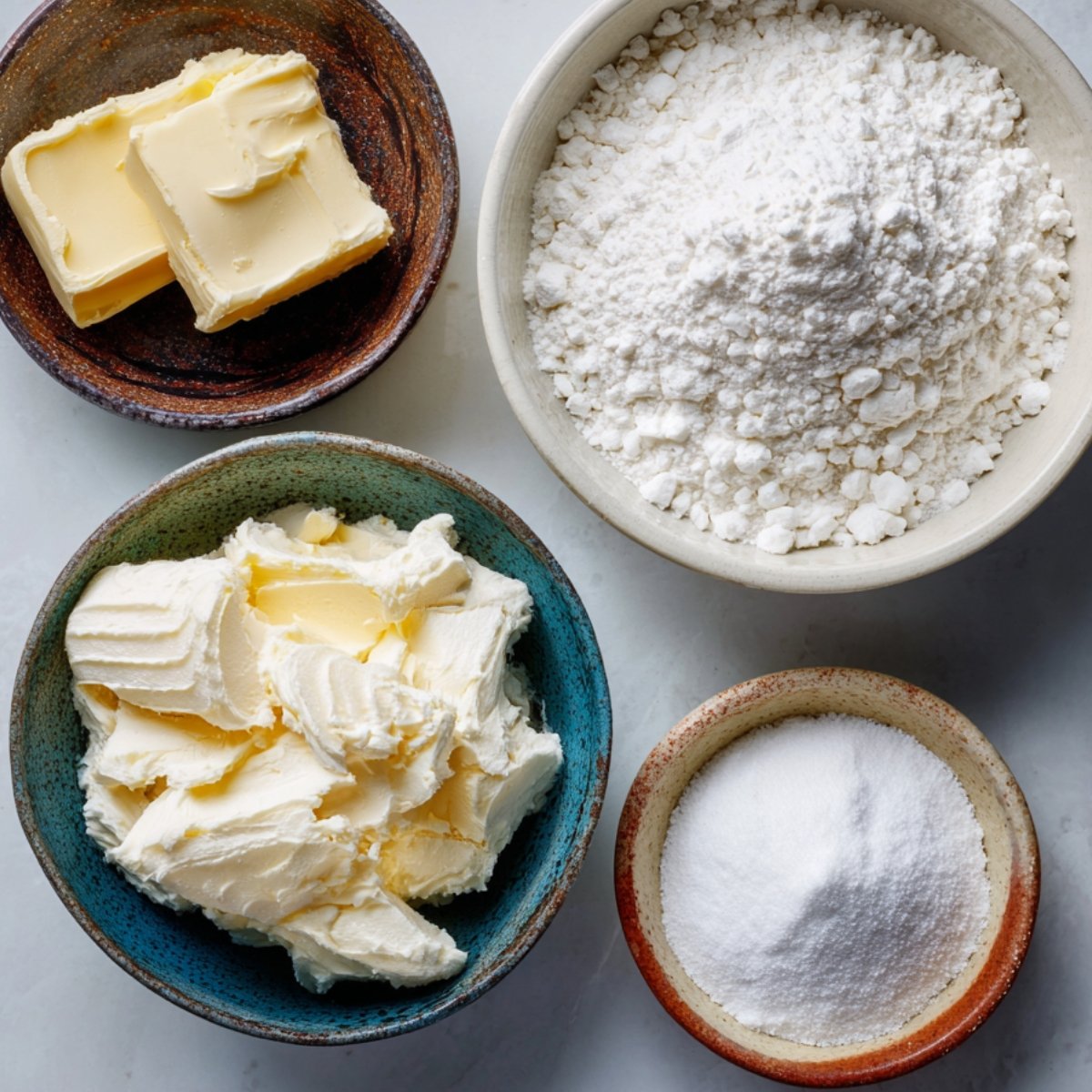 Baking ingredients including butter, cream cheese, powdered sugar, and flour arranged neatly in bowls for frosting.