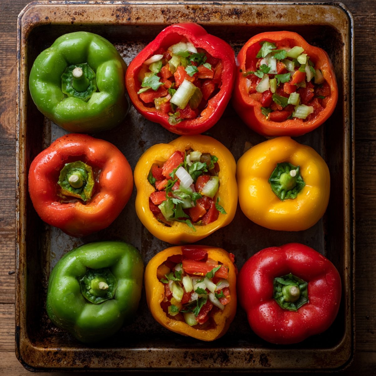 “Fresh red, yellow, and green bell peppers hollowed and arranged on baking sheet, ready for stuffing.”