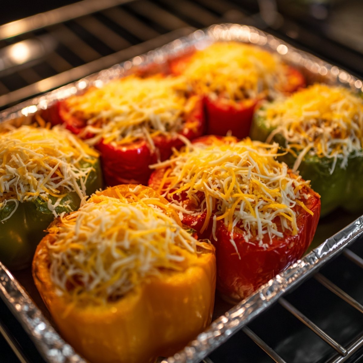 “Stuffed bell peppers topped with shredded cheese baking in oven until melted and golden.”