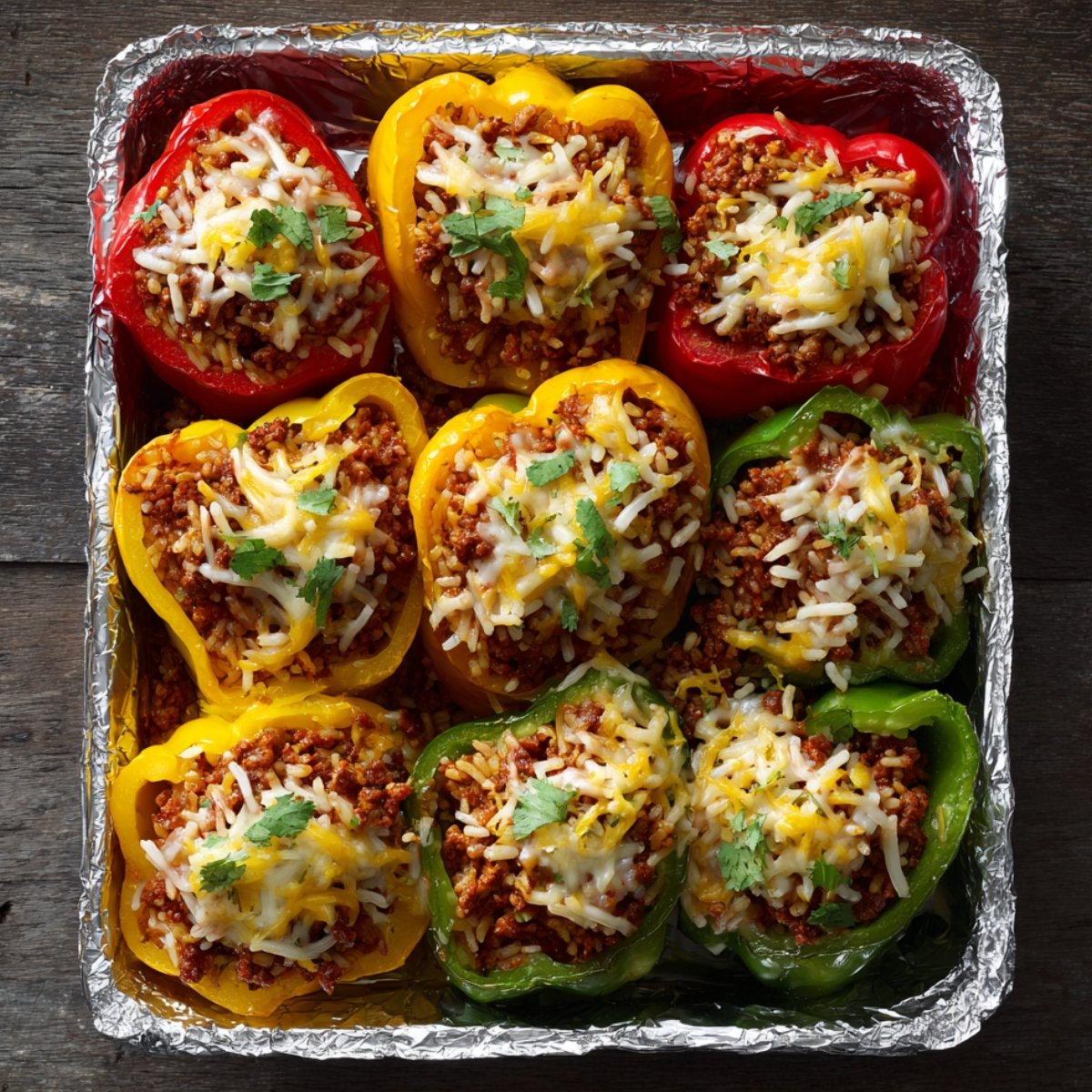 “Baked stuffed bell peppers with rice, ground beef, and melted cheese in foil-lined baking dish.”