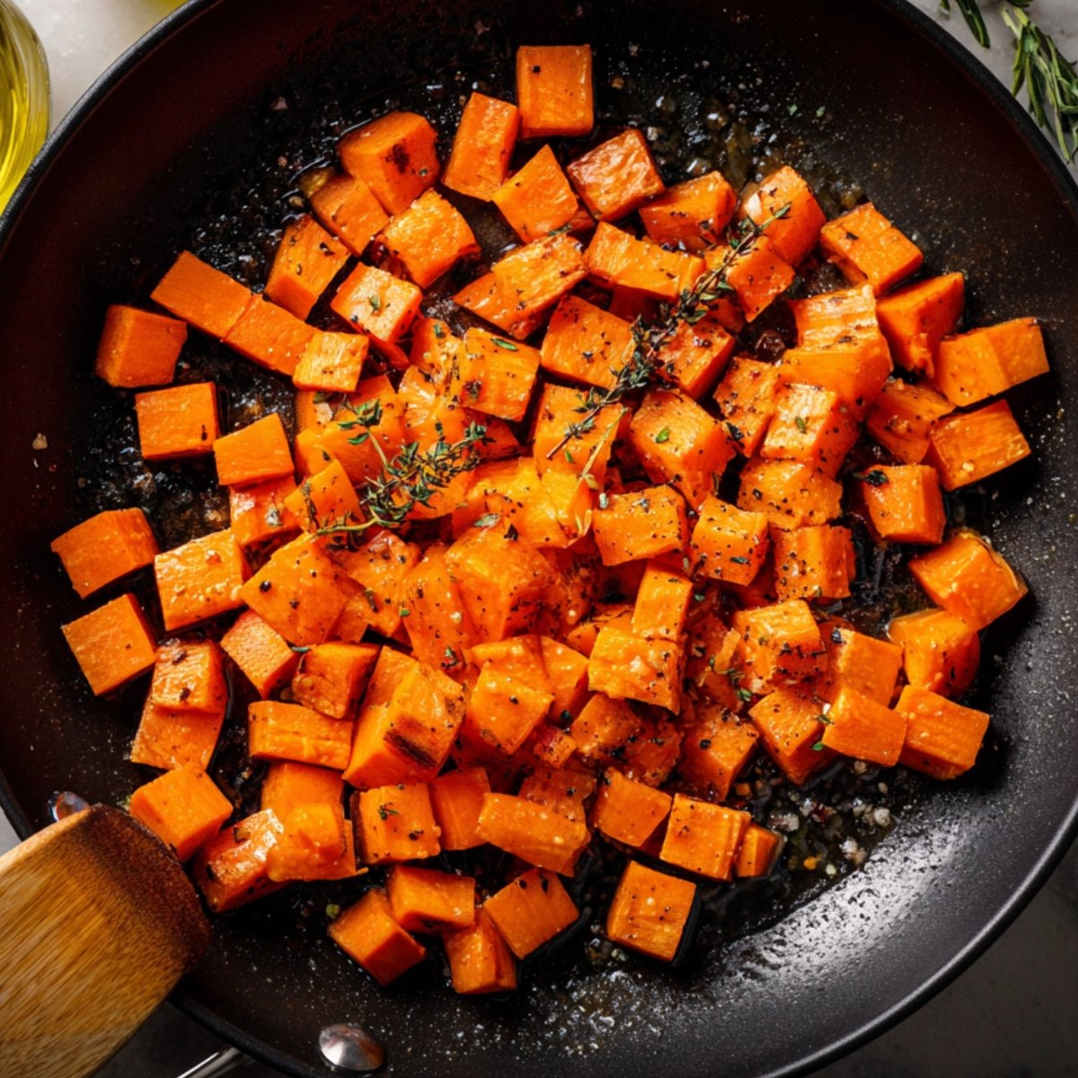 Freshly sautéed sweet potato cubes with herbs and black pepper in a skillet.