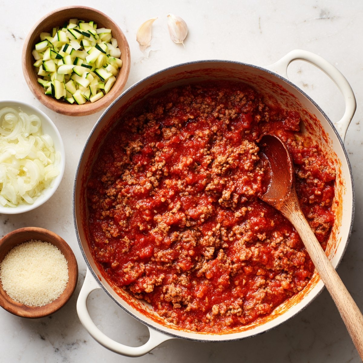 "Layered zucchini lasagna slice served on a white plate, showing zucchini strips, marinara sauce, and melted cheese."