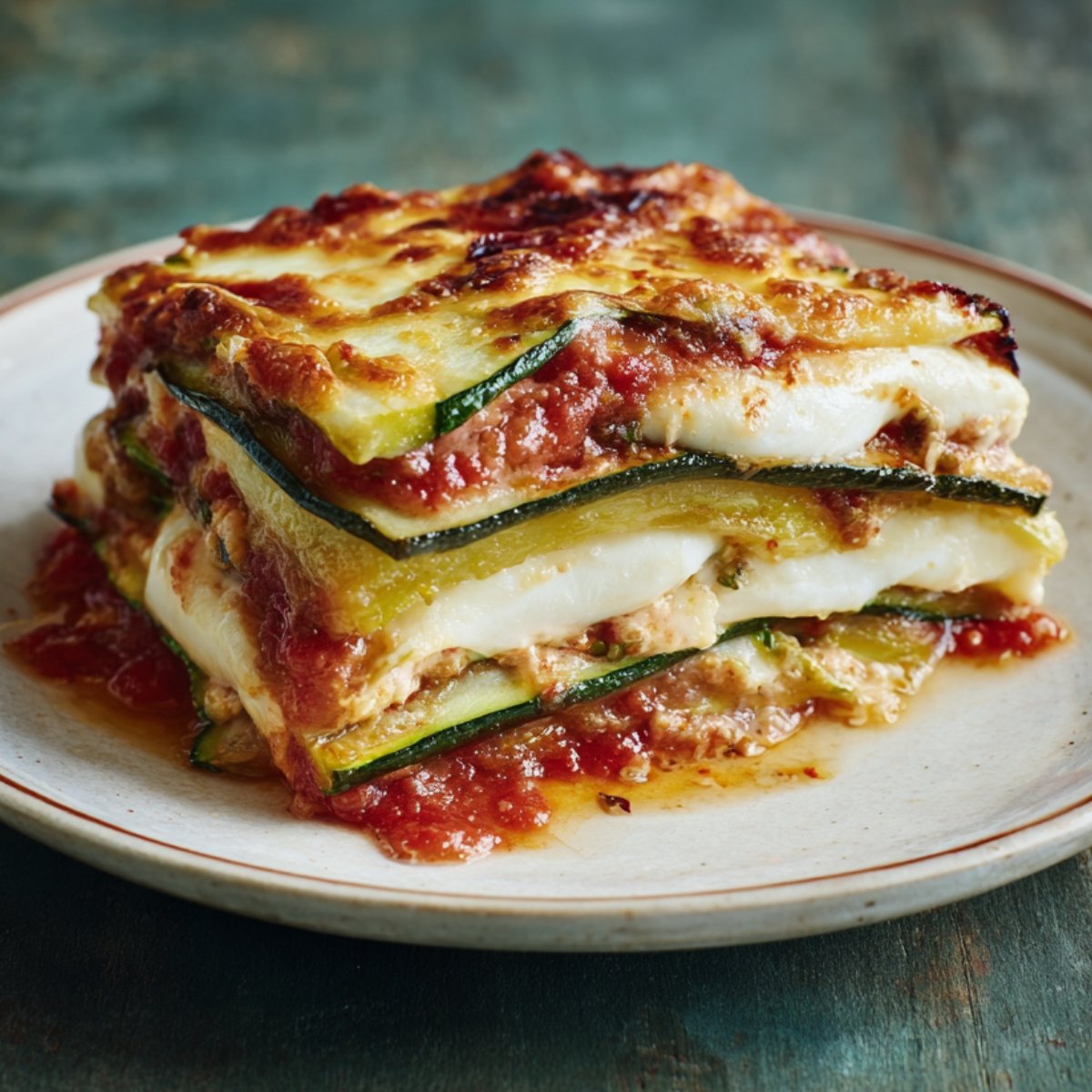 "Freshly baked zucchini lasagna topped with melted mozzarella cheese and garnished with chopped basil in a foil baking dish."