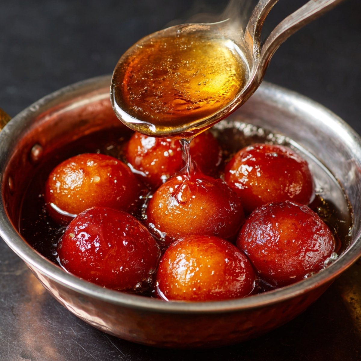 A bowl filled with golden-brown Gulab Jamuns soaked in sugar syrup, with syrup being poured over them using a spoon.